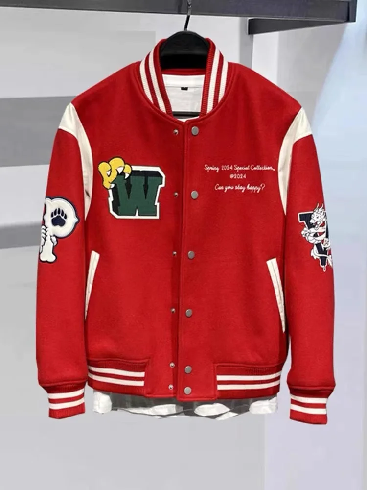 

Мужская демисезонная куртка-бомбер с вышивкой дракона, красная, с воротником-стойкой, в стиле пэчворк, модная, брендовая, для пар