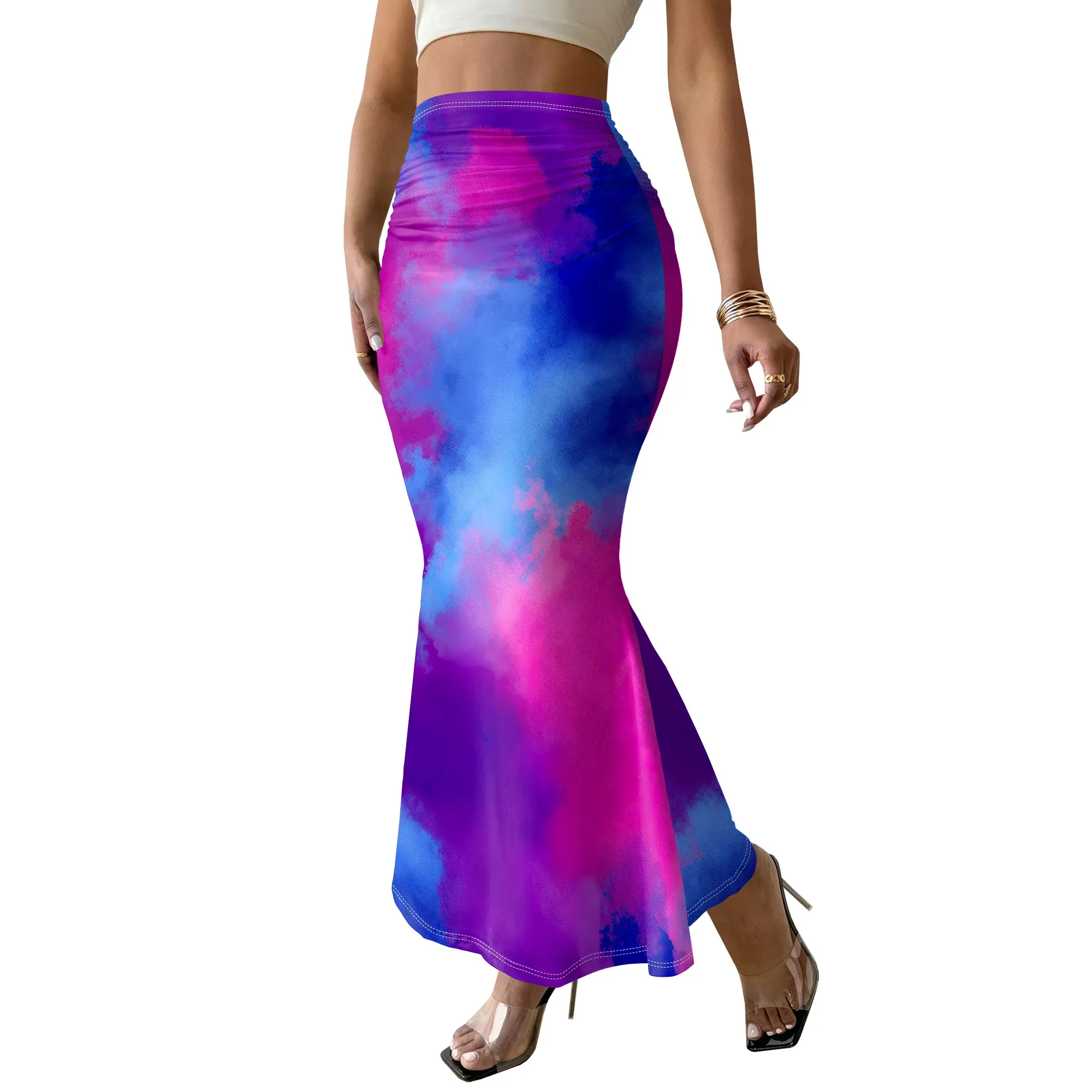 Mermaid Skirt, Tie Dye Maxi Skirt, Pink Blue Print, High Waisted, Stretchy Fit, Summer Beach Wear, S-3XL