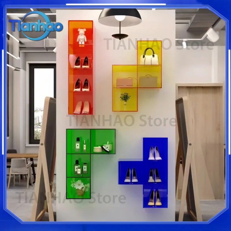 Acrylic Display Cabinet Wall Mounted Shelf Bookshelf Figurine Showcase Rack for Clothing Store Shoes Bags Display
