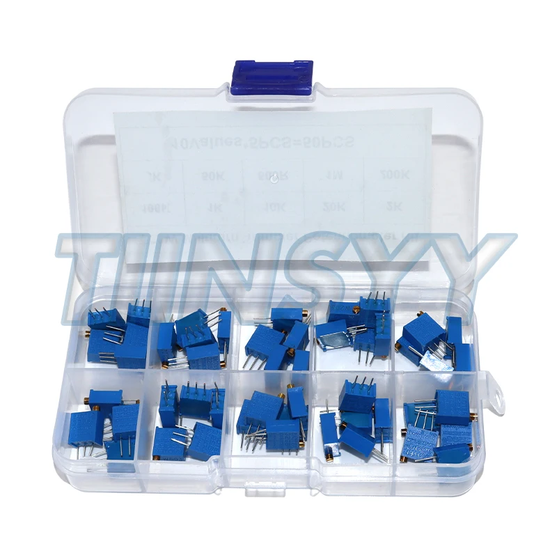 50PCS 10Values 3296W Multiturn Trimmer Potentiometer Kit in Box for Precision Circuit Tuning & Electronics DIY