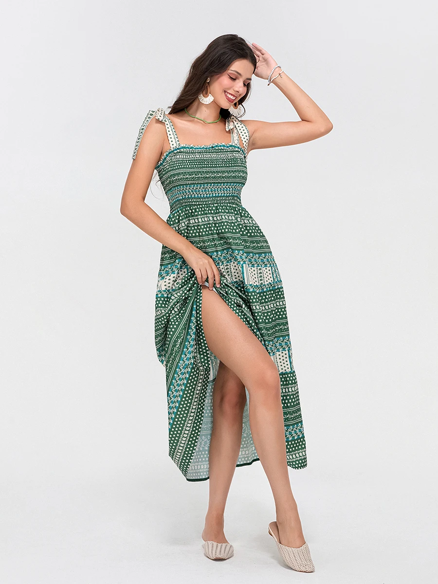 Wsevypo-Vestido largo bohemio para mujer, vestido sin mangas con lazo en los hombros, estampado Floral, Vestido de playa fruncido para fiesta de vacaciones