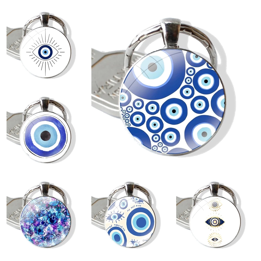 Beautiful blue evil eye religious photo Keychain Handmade Glass Cabochon Key Ring Holder Pendant Key Chains