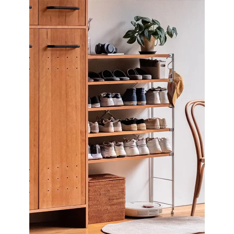 Stainless steel shoe rack Japanese solid wood rack household multi-layer open small apartment metal shoe cabinet