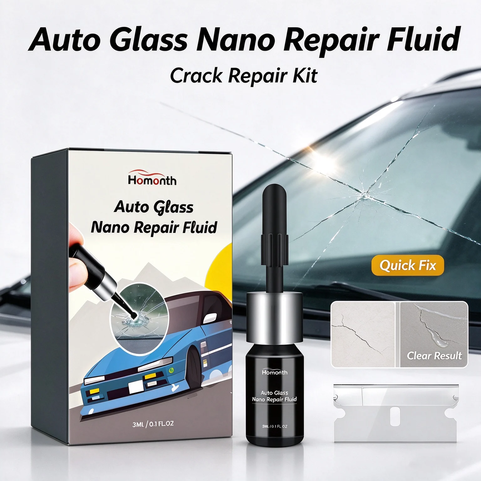 Homonth Car Windshield Cracked Repair Kit Quick Cure Glass Scratch Crack Restore DIY Invisible Resin Windscreen Curing Fix Glue