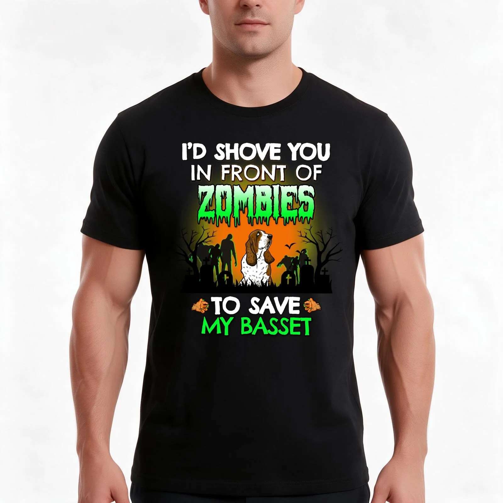 I'd Shove You In Front of Zombies to Save My Basset Hound Halloween Gift T-Shirt, Summer Casual Cotton Tee, Unisex Men Women
