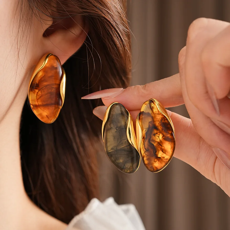 Multi-style Resin Amber Stud Earrings for Women Lightweight Translucent Irregular Smudge Resin Earrins Retro Jewelry Gift V1