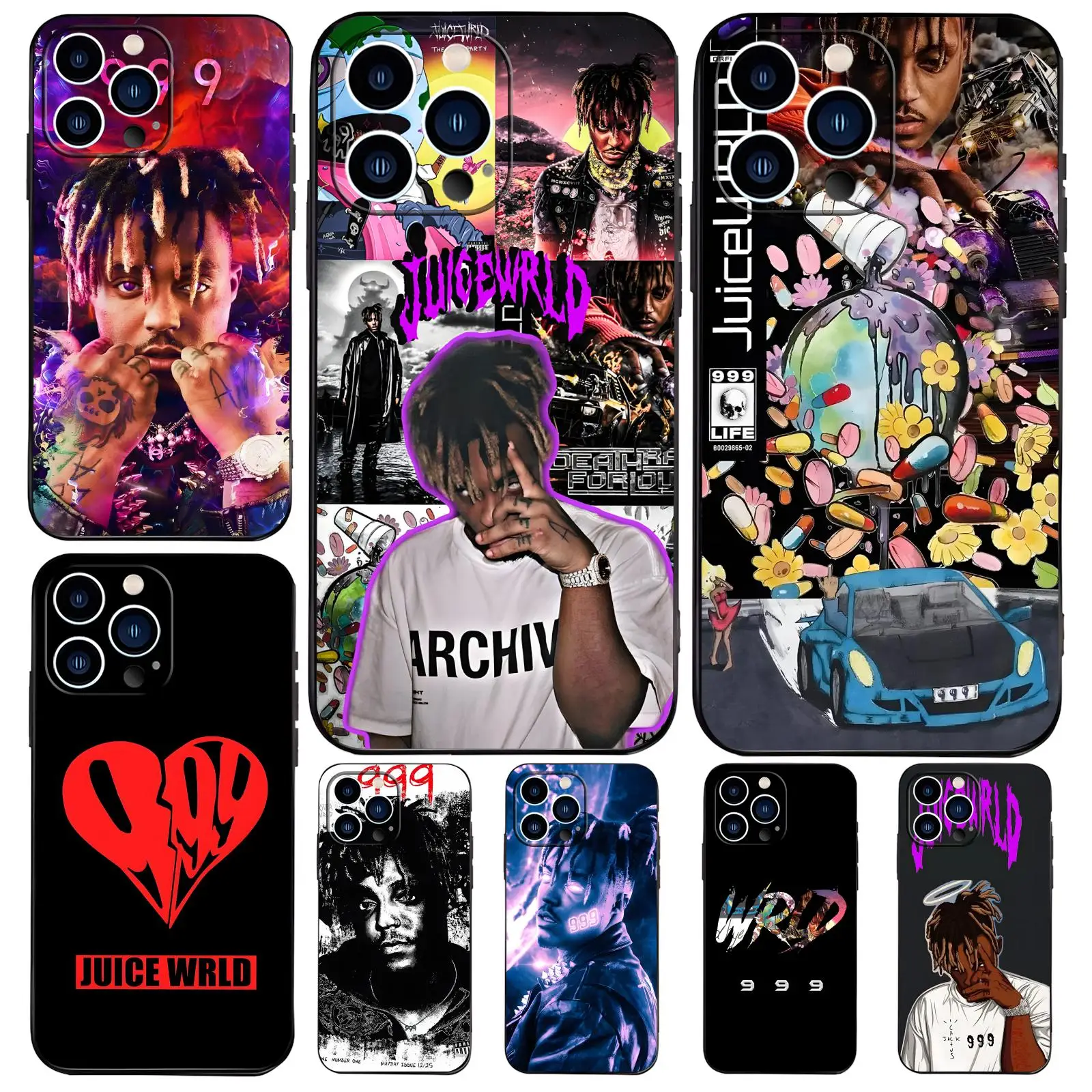 Coque de téléphone souple noire anti-chute Juice cool 999 wrld fashion design ins pour iPhone 17 16 16e 15 14 13 12Plus Mini Pro Max