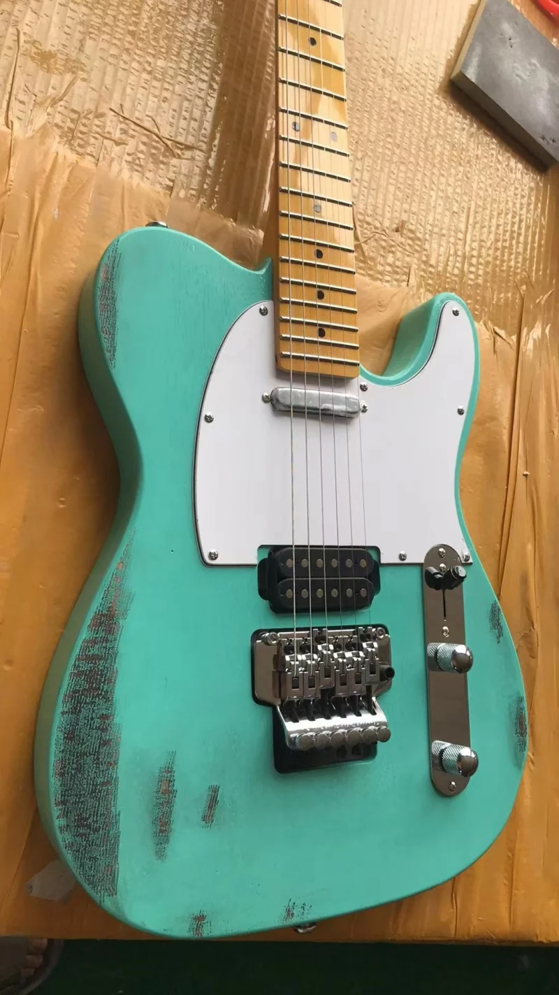 Guitarra eléctrica TELE de 6 cuerdas de alta calidad, guitarra eléctrica reliquia pesada hecha a mano, herrajes plateados, puente Floyd Rose, entrega gratuita
