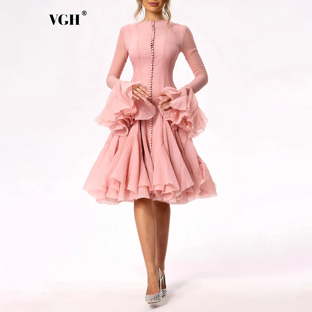 VGH Sweet Ruffles Elegant Knee Length Dresses for Women Round Neck Flare Sleeve High Waist Spliced Button  A Line Dress Female