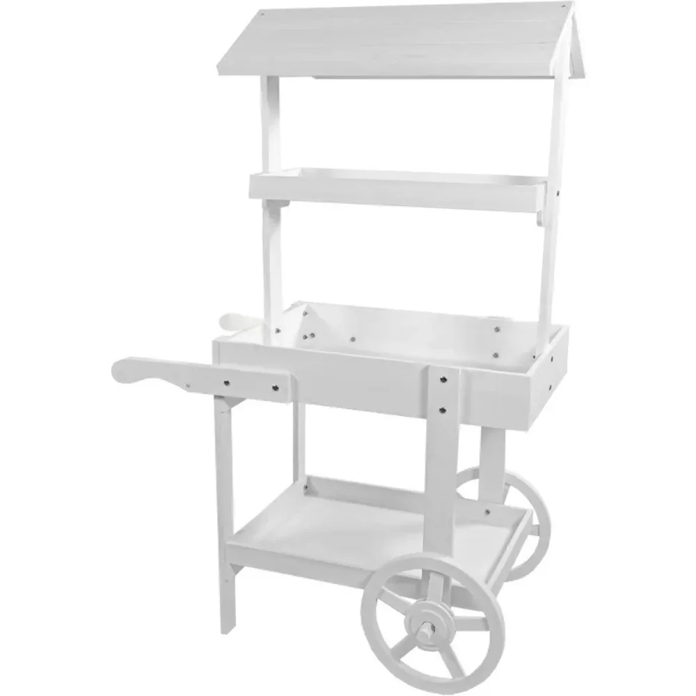 أدوات خارجية - حامل عرض عربة الزهور في سوق الريف مع عجلات ورفين من خشب التنوب بسعة وزن 30 رطلًا باللون الأبيض #3