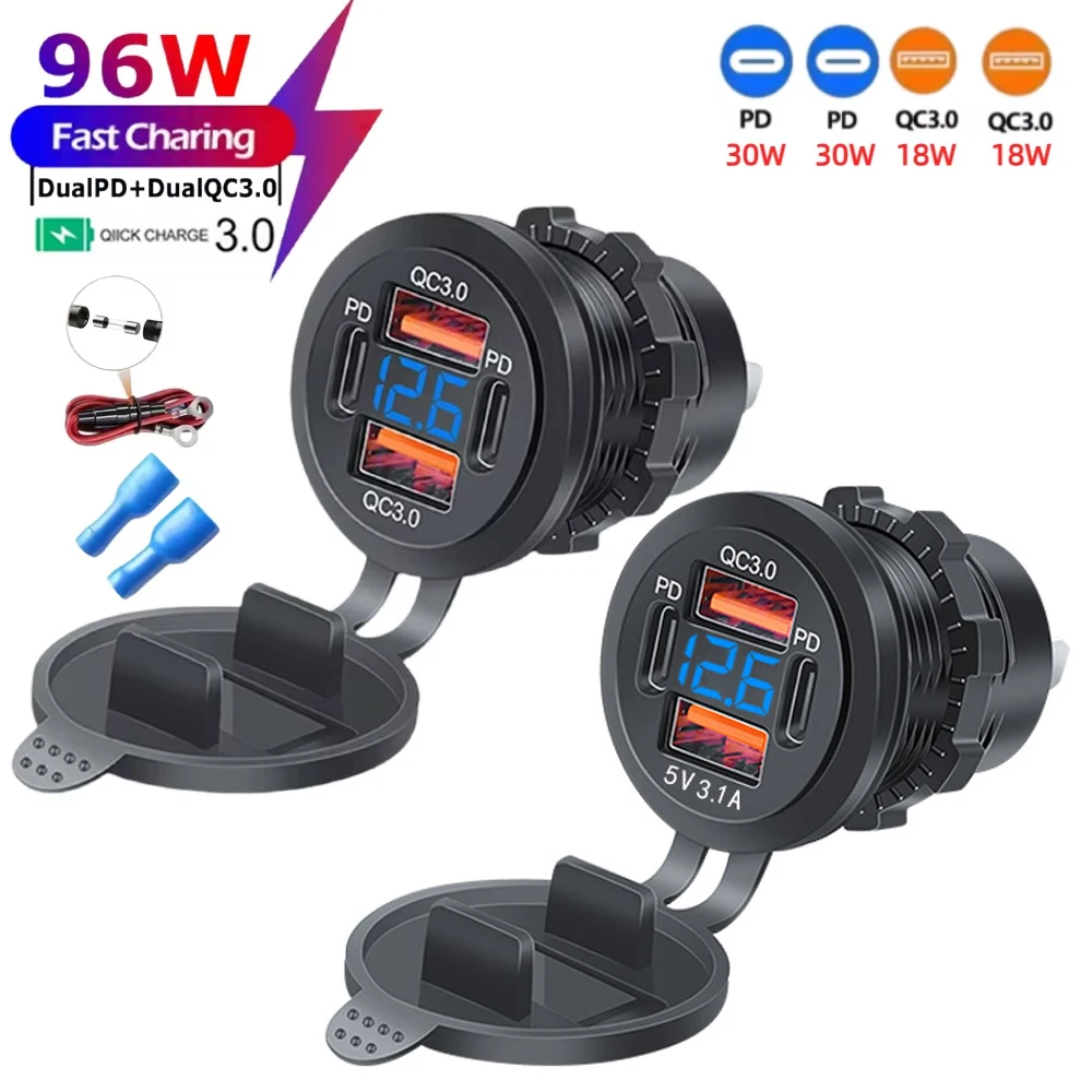 96W 4Ports Car Charger Socket Dual PD Dual QC3.0 Fast Charger with Voltmeter 12-24V USB Power Outlet for Car Truck Boat Marine