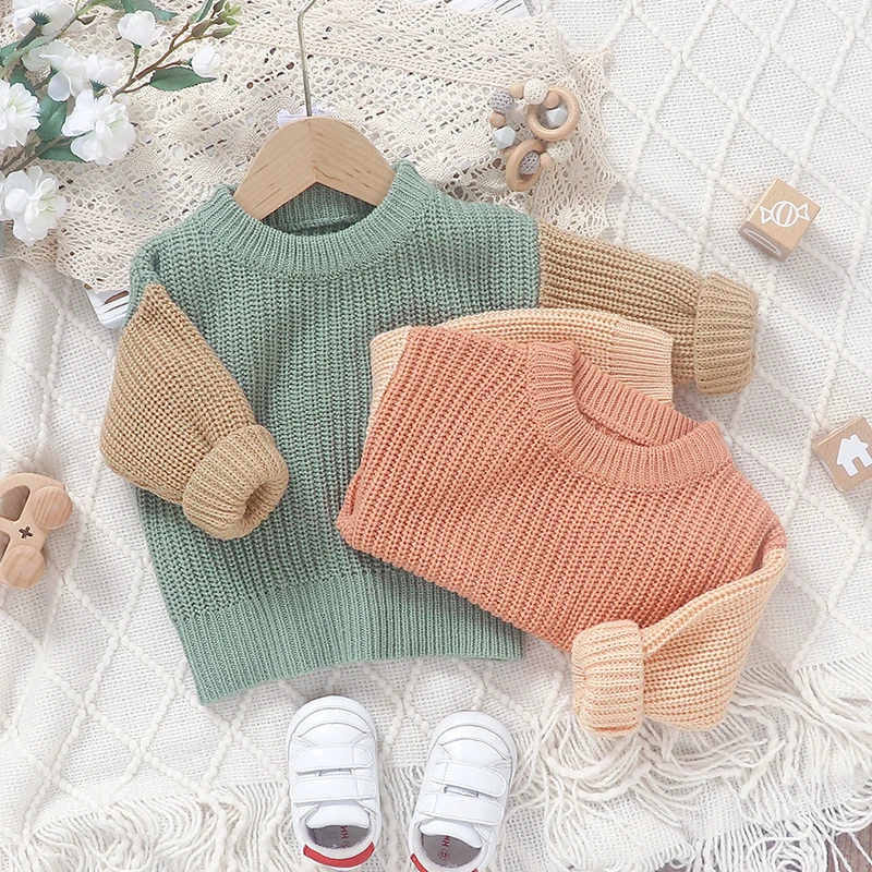 Toddler Baby Boys Girls Autumn Winter Knit Sweaters Long Sleeve Round Neck Contrast Color Knitwears Pullover Tops