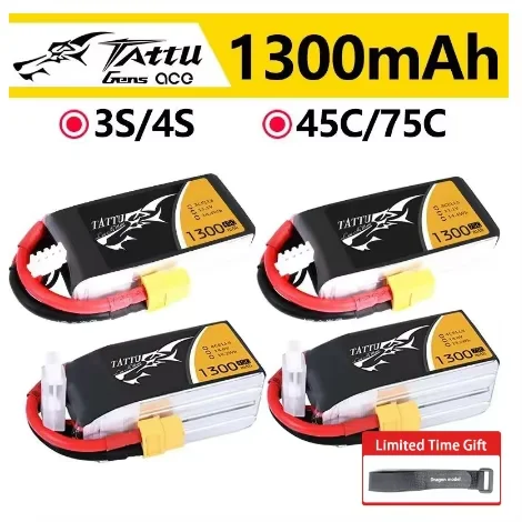 ACE Tattu LiPo Rechargeable Battery 3S 4S 1300mAh 75C 1P for RC FPV Racing Drone Quadcopter Boat Heli Airplane UAV Drone