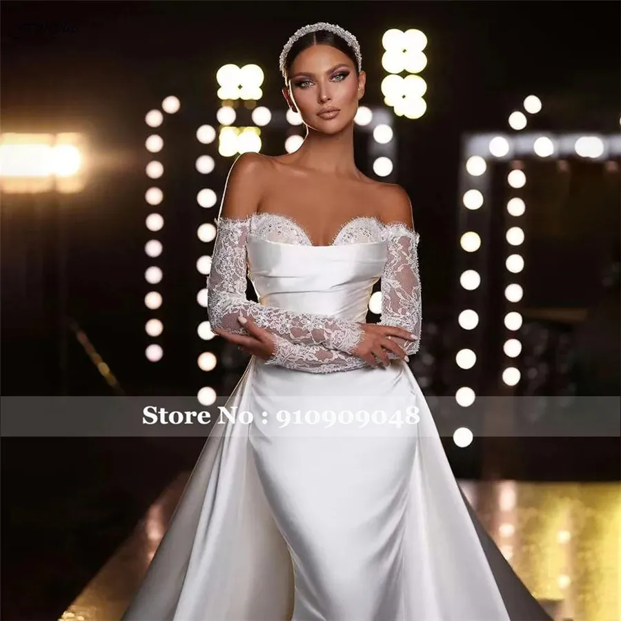 Funyue White Off Shoulder Satin syrenka suknie ślubne eleganckie suknie ślubne przyjęcie zaręczynowe dla kobiet