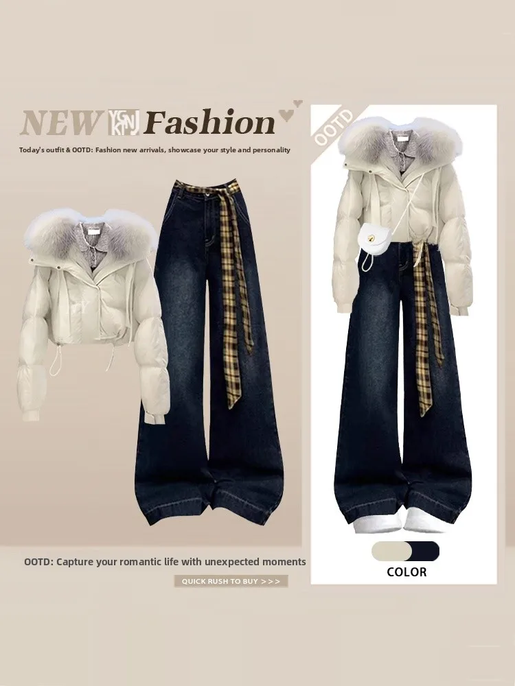 

Теплый модный зимний комплект, женские джинсы с высокой талией и широкими штанинами, клетчатое пальто с меховым воротником, костюм из двух предметов, удобная смесь хлопка