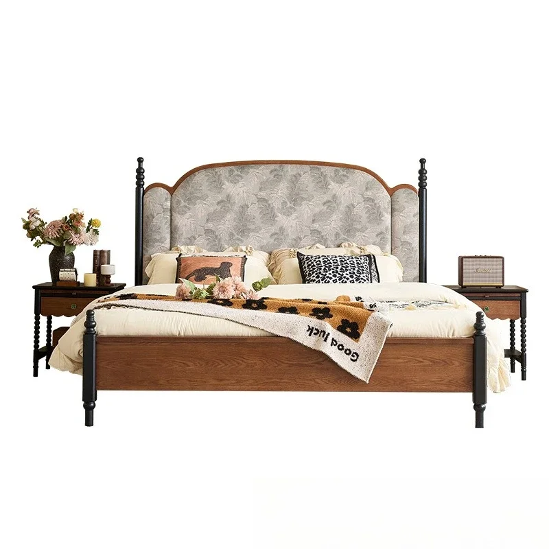 Printed soft bed French retro Chinese antique 1.8 meters American double butterfly master bedroom all solid wood master bed