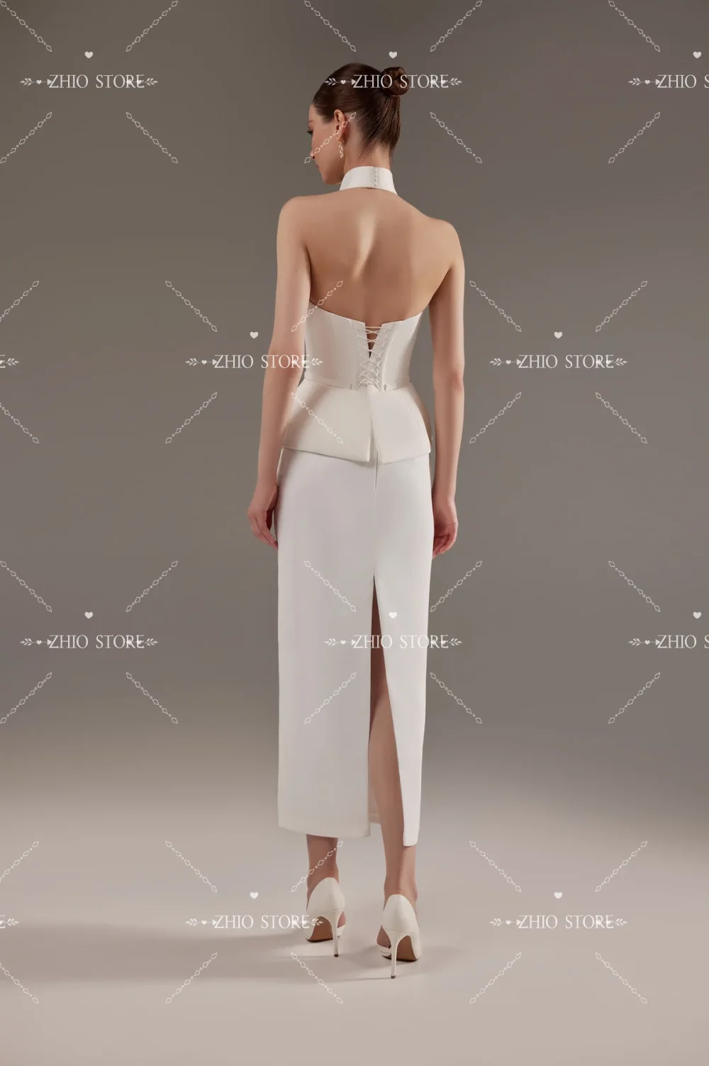 ZHIO High Neck Matte Satin Backless Wedding Dress Simple Slim Fitted Waist Back Fork Minimalist Bridal Gown Customized