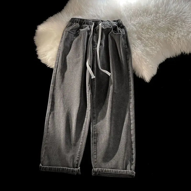 Mode Plüsch dicke schwarz grau Jeans für y2k Jungen Winter warm weites Bein Jeans hose koreanische stilvolle 1920er Jahre ästhetische Hip Hop Jeans