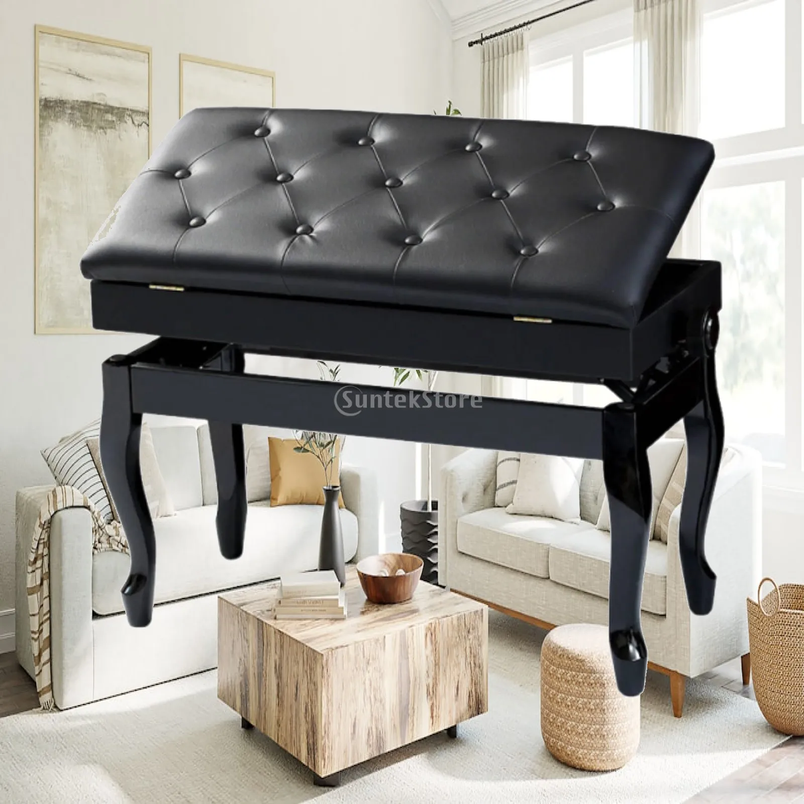 Dual Player Piano Bench with Lift Top Storage Solid Wood Frame and Comfortable Leather Padding