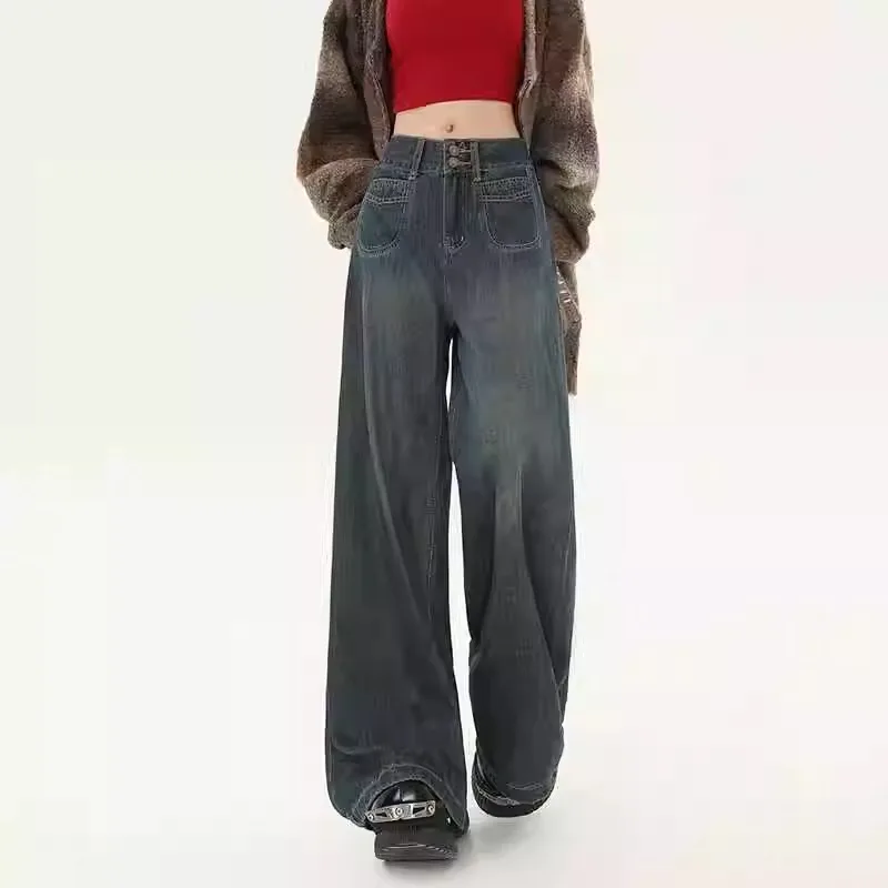 Jeans a gamba larga vintage a vita alta blu scuro da donna inizio autunno drappeggiato dimagrante design incrociato versatile pantaloni larghi fino al pavimento