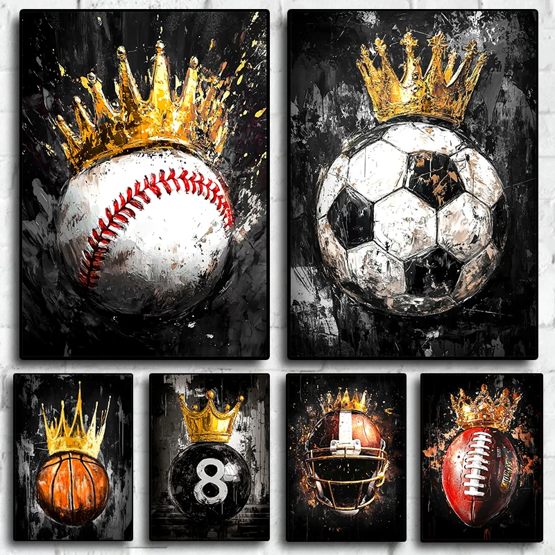 1pc frameless canvas Soccer Basketball Baseball Golden Crown Poster Print  Ball Graffiti Wall Art Picture for Home Decor