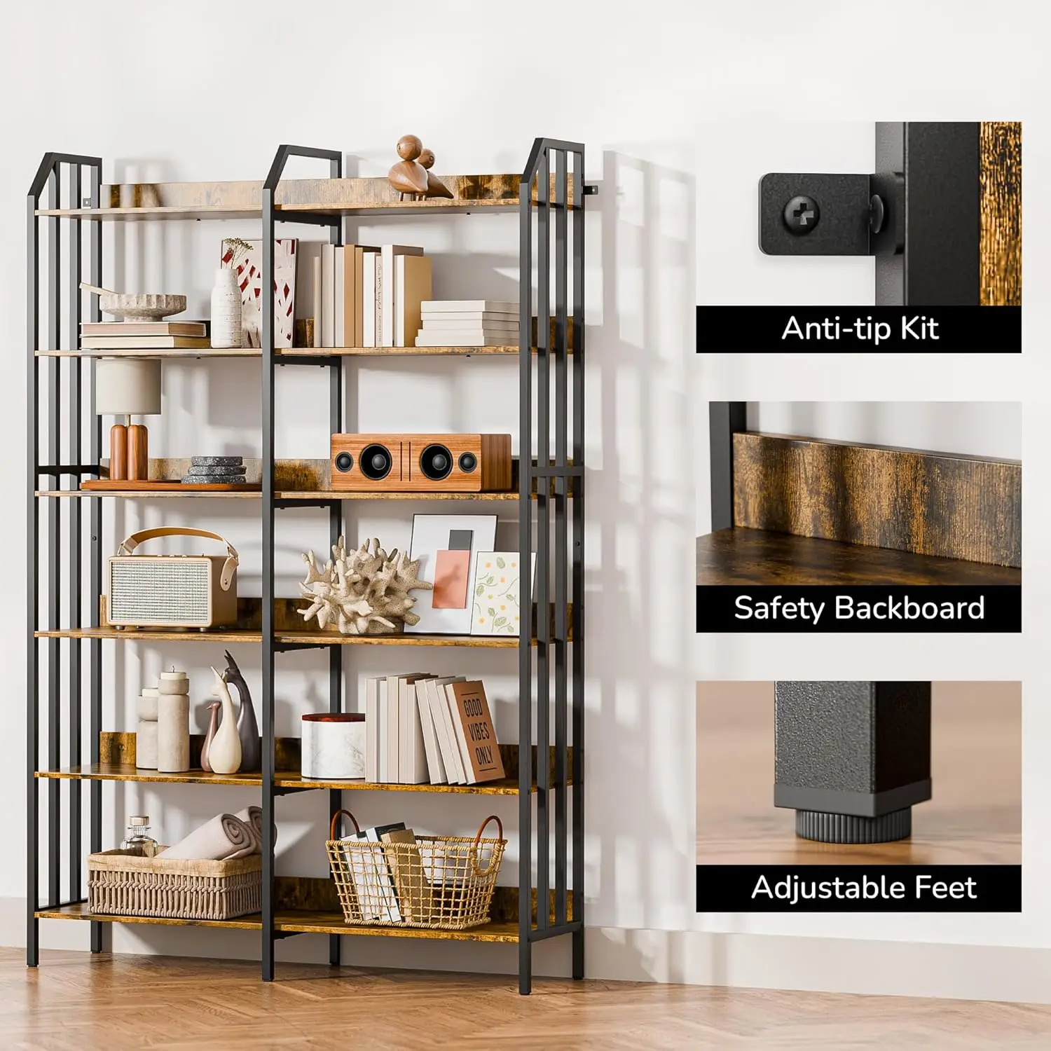 Bookshelf Double Wide 6 Tier, 70” Industrial Wooden Bookcase, Freestanding Book Shelf with Open Shelves, Wood and Metal Bo