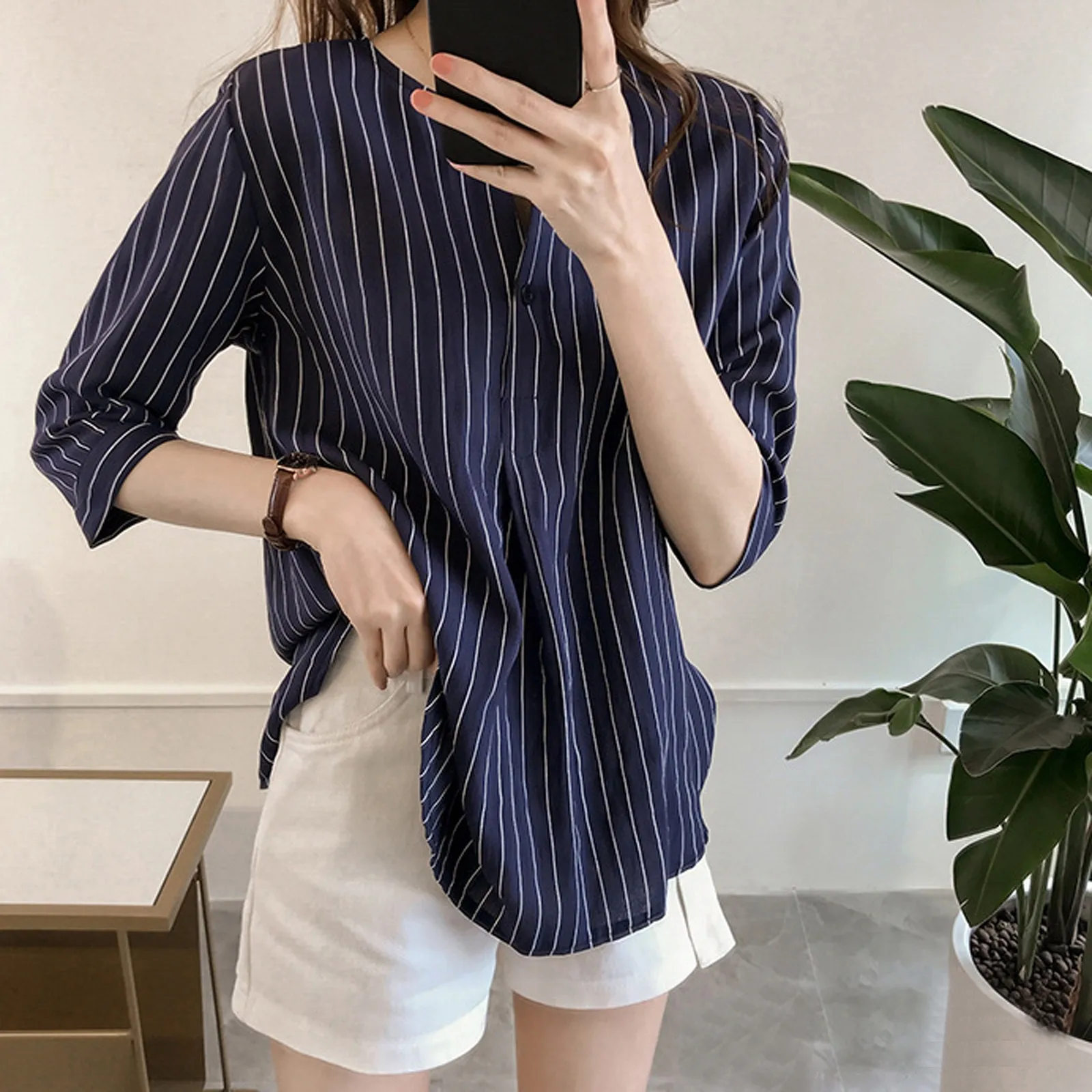 Women\'s Shirt 2024 Summer Elegant Half Sleeve Commuter Blouse Shirt Fashion Striped Printed V Neck Button Loose Shirt Blouse