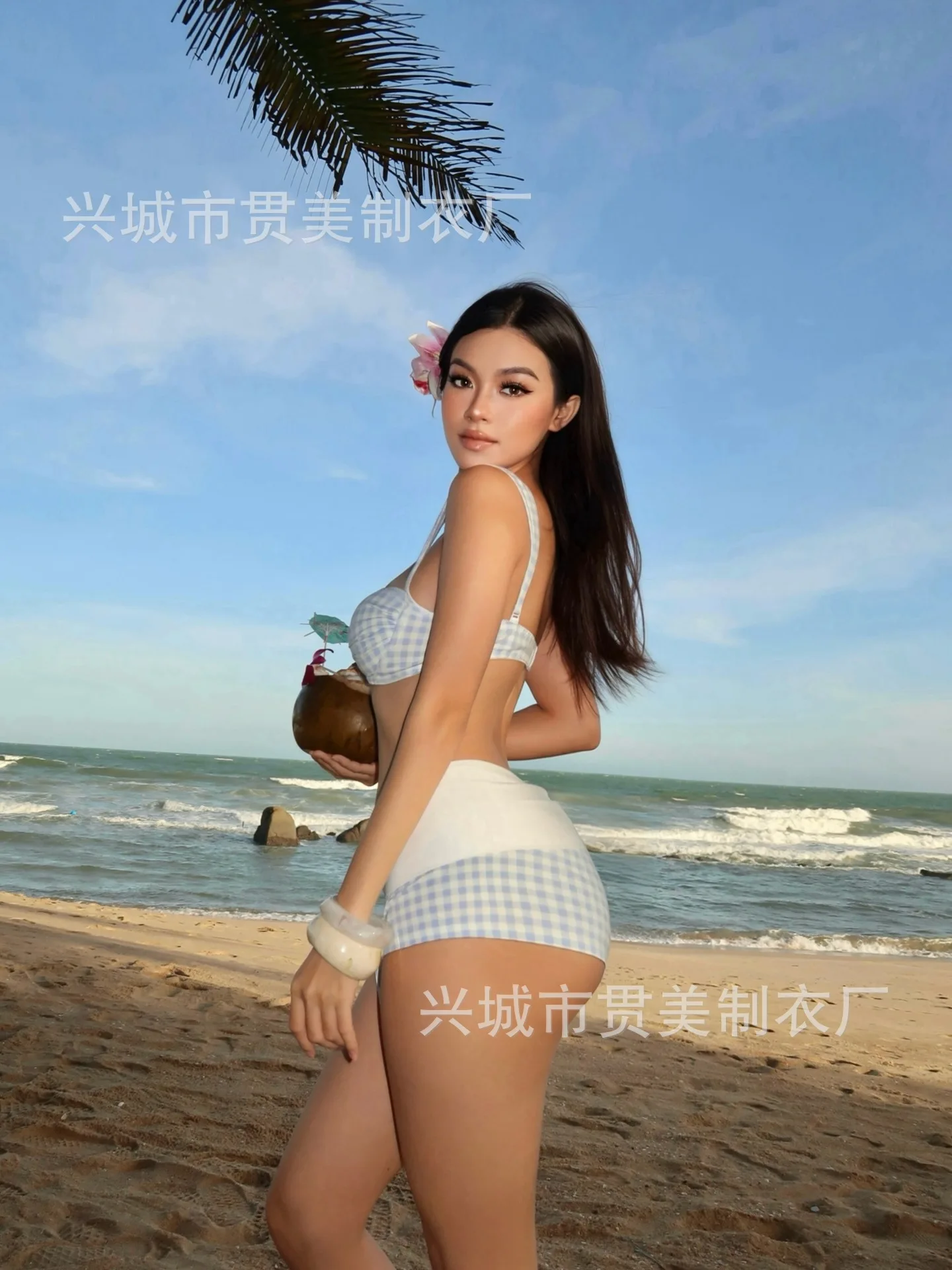 Creamy Blue White Gingham Bikini Cute Sweet Push-Up Padded Swimsuit Low Bust Square Swimwear Vacation Beach Bathing Suit