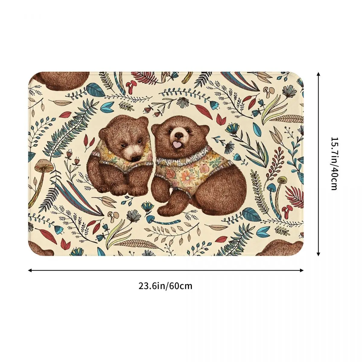 Art Kitchen Non-Slip Carpet Whimsical Bear Pair With Fantasy Flora Flannel Mat Welcome Doormat Home Decor Rug