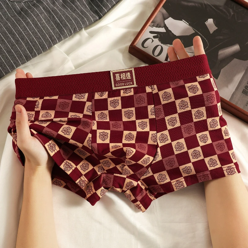 

3pcs Cotton Men's Boxer Shorts Red Festive New Year Gift for Boyfriend Sporty Breathable Elastic Antibacterial Comfortable Boxer