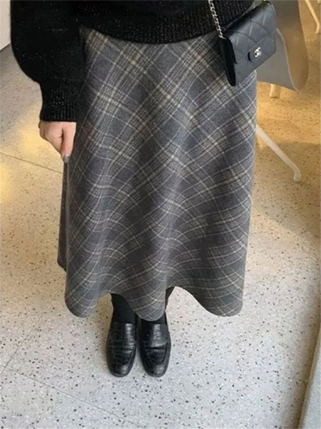 Retro Plaid Wool  Skirt Women's Autumn Winter New A-Line Umbrella Skirt Bodycon Mid-Length Small Size Half Skirt