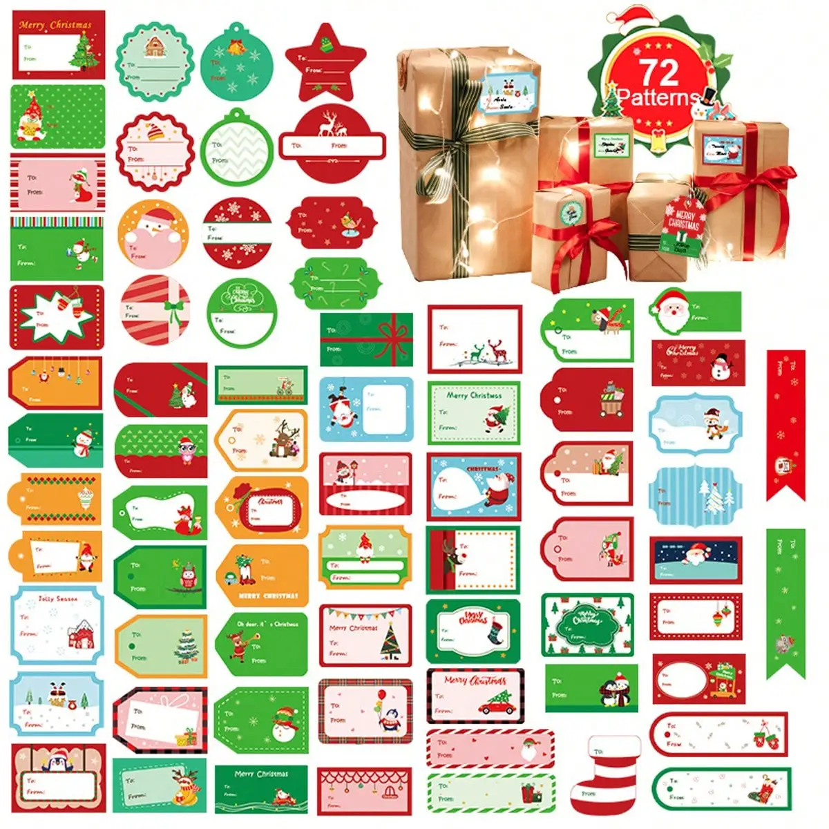 72pcs/4sheets Christmas Tags 8 Design Gift Sticker Name Tag with Santa Snowmen Xmas Tree Reindeer Bells Holiday Decorative Tag