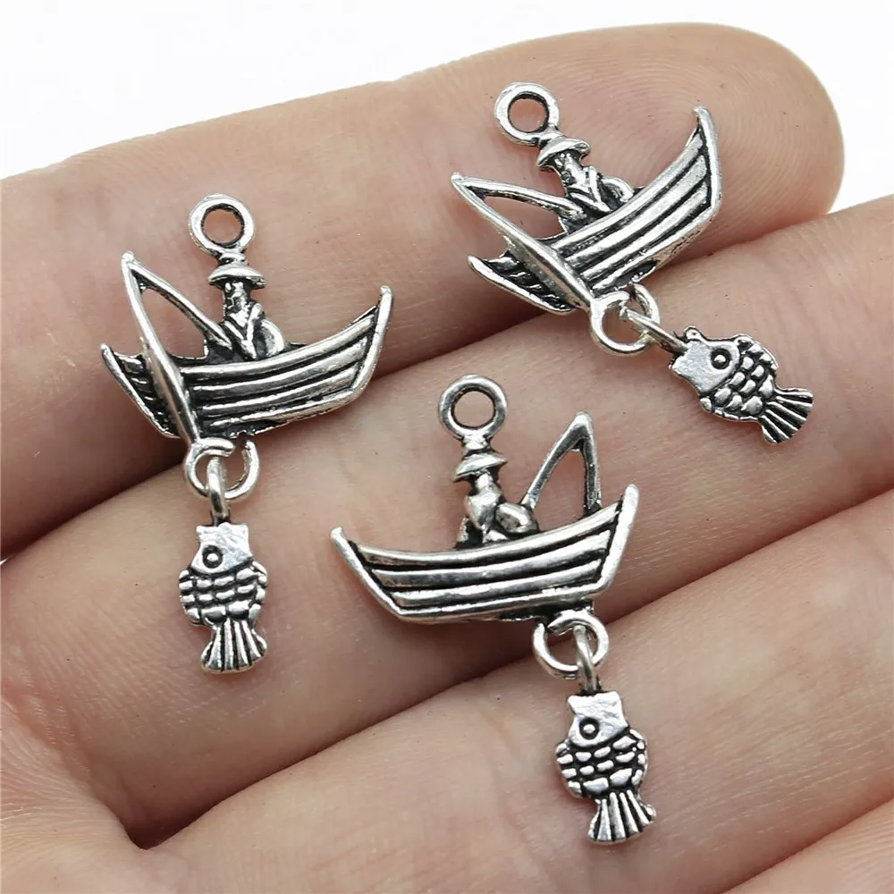 10pcs 29x18mm(1.14x0.71inch) Antique Silver Color Fishing Boat Fishing Charms Wholesale DIY Jewelry Findings