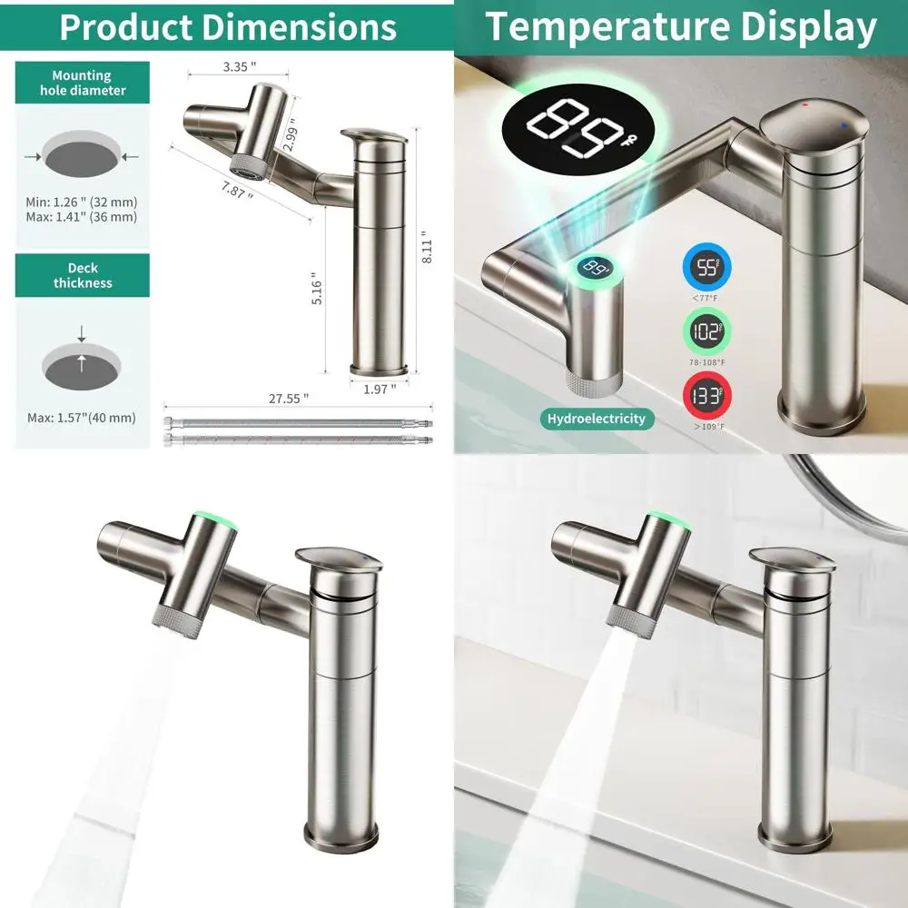 

Без батареи 1080° ° Вращающийся смеситель для ванной комнаты с 1 отверстием и дисплеем температуры, смеситель для туалетного столика с одной ручкой, 2 режима распыления, кисточка