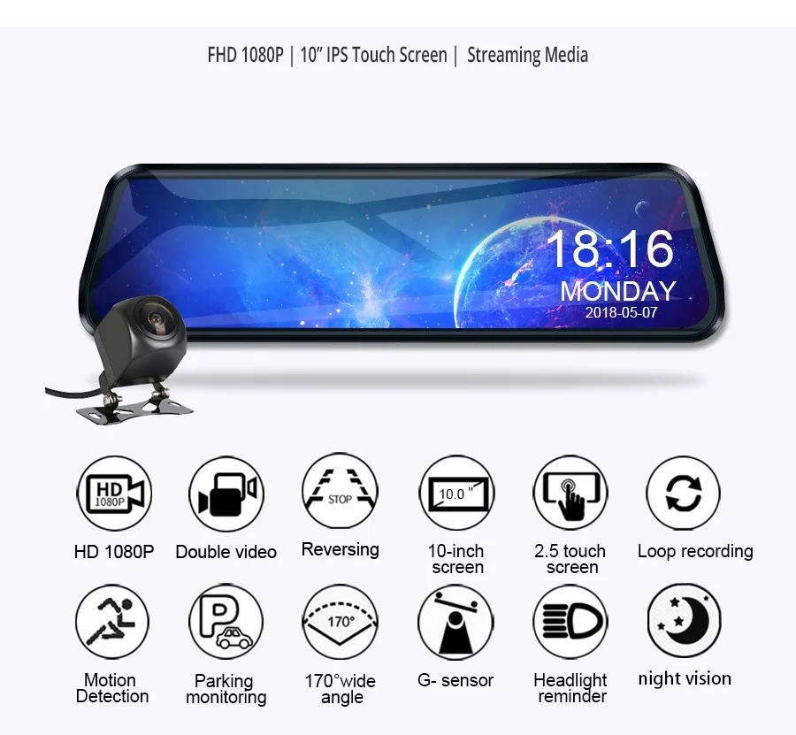 10 Inch Touch Screen Stream Media Car DVR Dash Cam Dual Lens Rear View Mirror Auto Dashcam Video Recorder Car HD Dash