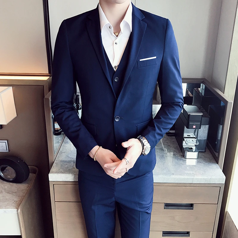 

Men's casual suit jacket, slim, fashionable and cool, banquet dress, small suit, solid color workwear three-piece set