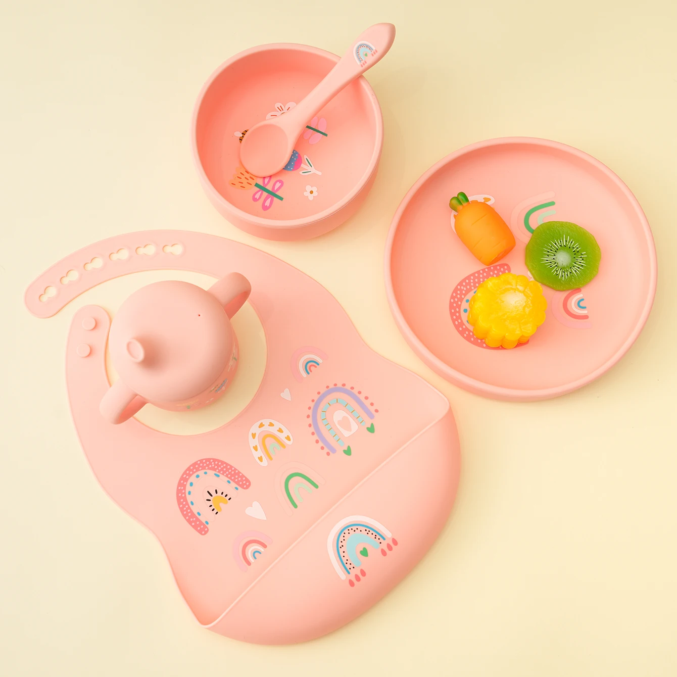 

5PCS Baby Silicone Tableware Sets Cute Rainbow Pattern Baby Bibs Waterproof Cup Feeding Training Baby Plate Bowl Soft Baby Spoon