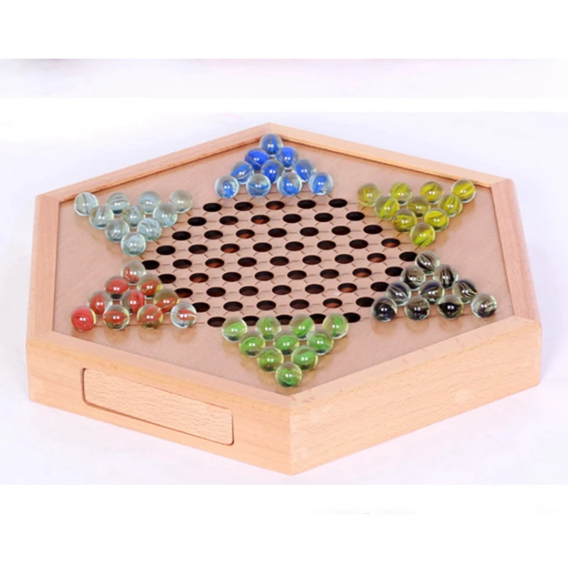 Hexagon Drawer Beech Glass Bead Checkers Glass Ball Children Adult Puzzle Checkers Set