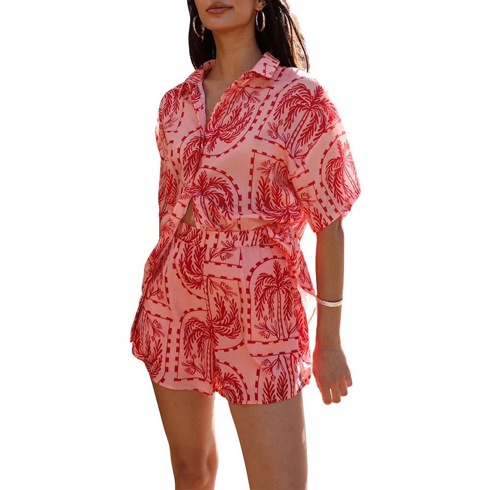 

Mia Muse Select Summer Casual Comfortable Sets Full Print Short Sleeve Shirt Collar Natural Waist Short Vacation Sets For Women