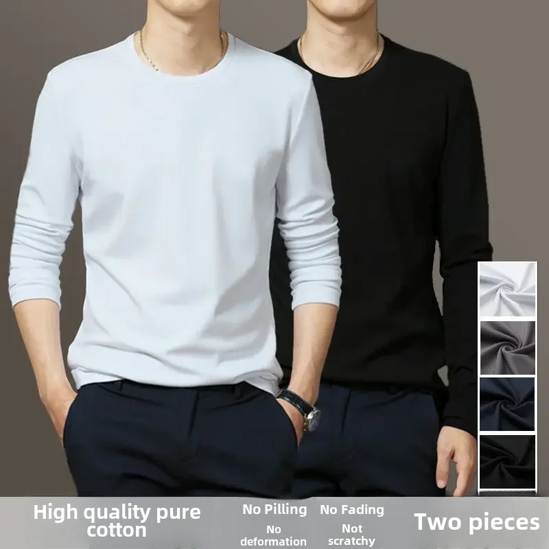 Base Layer Men's Long Sleeve Cotton T-shirt Loose Fit Round Neck Versatile Trendy Korean Style White Color For Young Adults