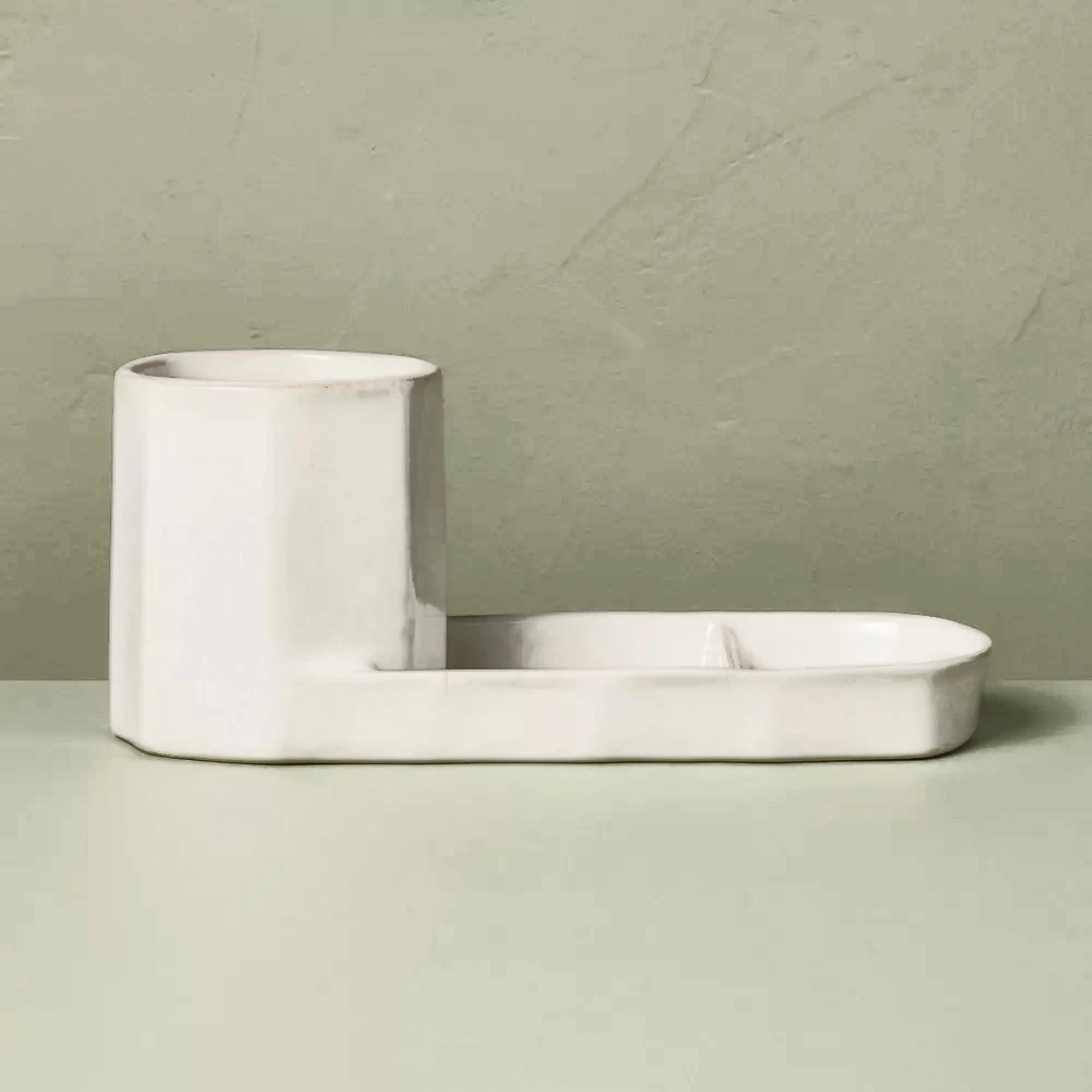 

Kitchen Stoneware Sink Caddy,Hand Crafted Dish Sponge and Scrub Brush Holder,Ceramic Scrubber and Soap Tray for Kitchen Organize