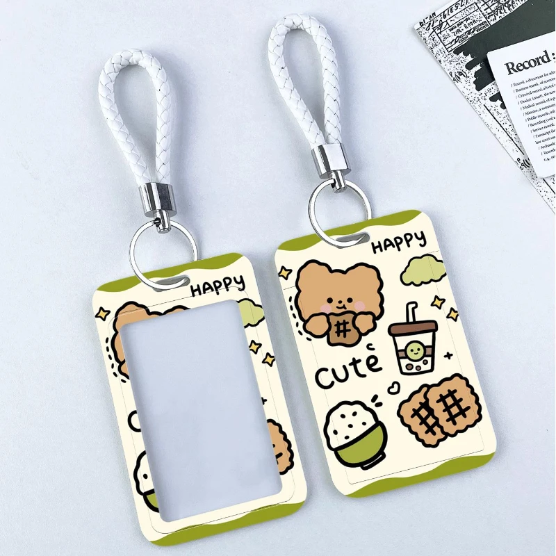 Cute Happy Bear Credential Badge Holder Colorful Card Storage Photo Bag Student ID Card Holder Bus Card Protective Case Keychain