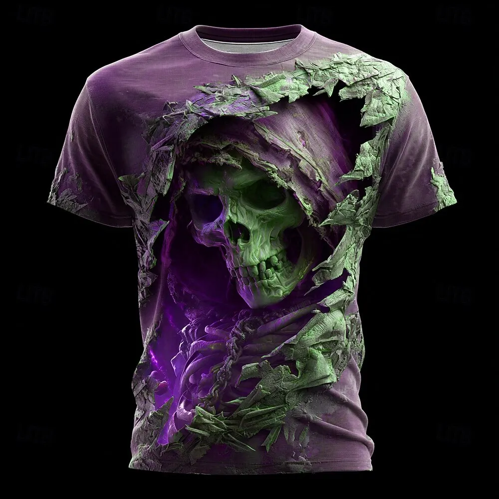 Men's Halloween 3D special effects print round neck short sleeve skull spider web polyester T-shirt daily casual wear