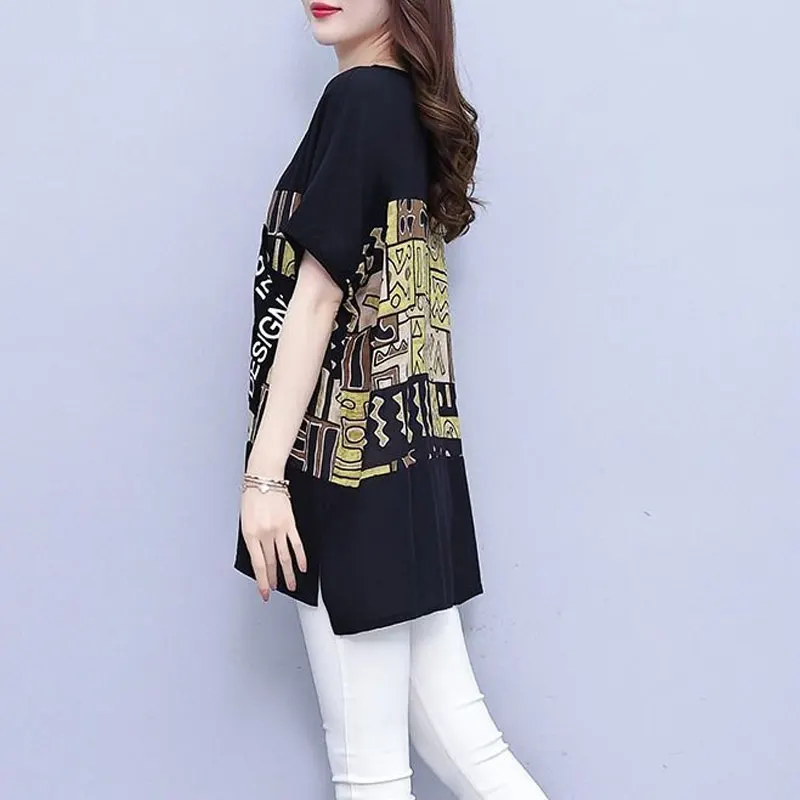 Female Clothing Printed Stylish Letter Pockets Patchwork Pullovers Casual Loose Split All-match Summer Korean Round Neck T-shirt