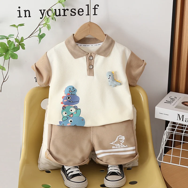 Summer Fashion Children Baby Girls Boys Clothes Cartoon Dinosaur Polo TShirt Shorts 2pcs/Set Kids Cotton Toddler Casual Outfit