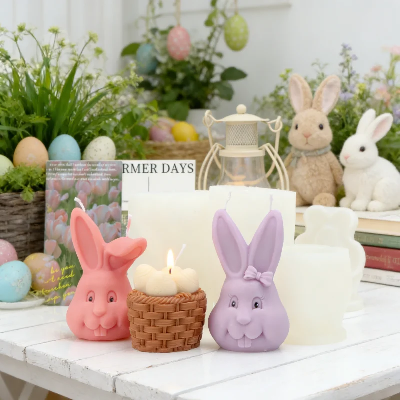 Osterhase Kopf & Korb Silikonformen Niedliche Hasen-Geflechtkorb Eier-Kerzenformen DIY Duftkerzen Aroma Oster-Heimdekoration