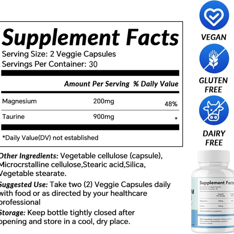 Taurine magnesium 750mg (150mg elemental magnesium), muscle support - non GMO, gluten free