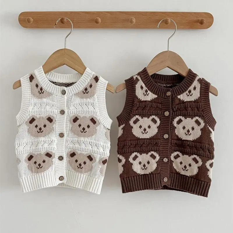Autumn New Baby Sleeveless Knit Vest Cute Bear Print Newborn Cotton Knit Vest Cardigan Infant Boy Girl Casual Jacket