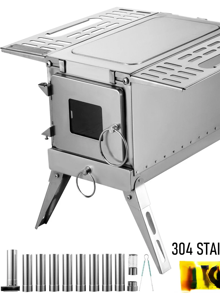 Tent Wood Stove 304 Stainless Steel W/Folding Pipe Wood Stove Multipurpose Camping Tent Heating Stove Outdoor Survival