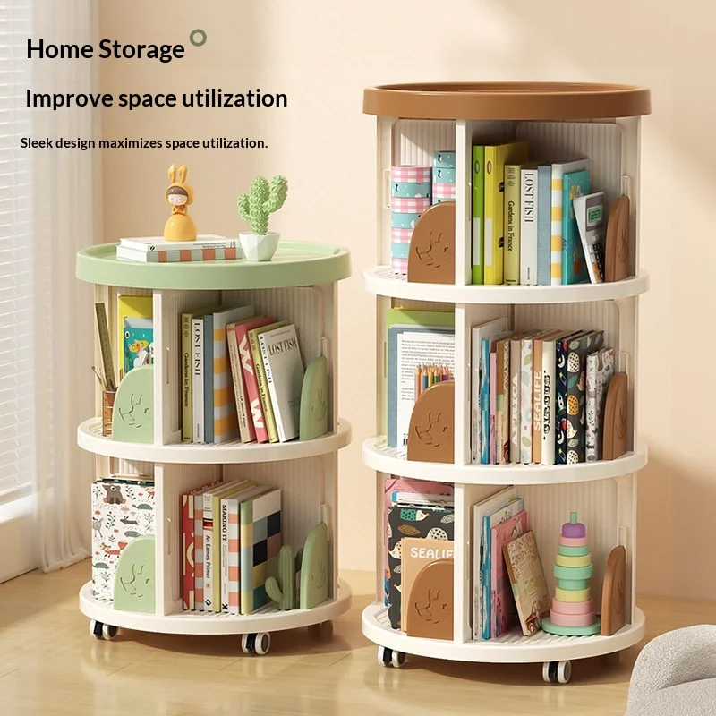 Rolling Rotating Bookshelf Bookcase Corner Storage Shelf Space Saving Living Room  Multifunctional Organizer Kids Bookshelf